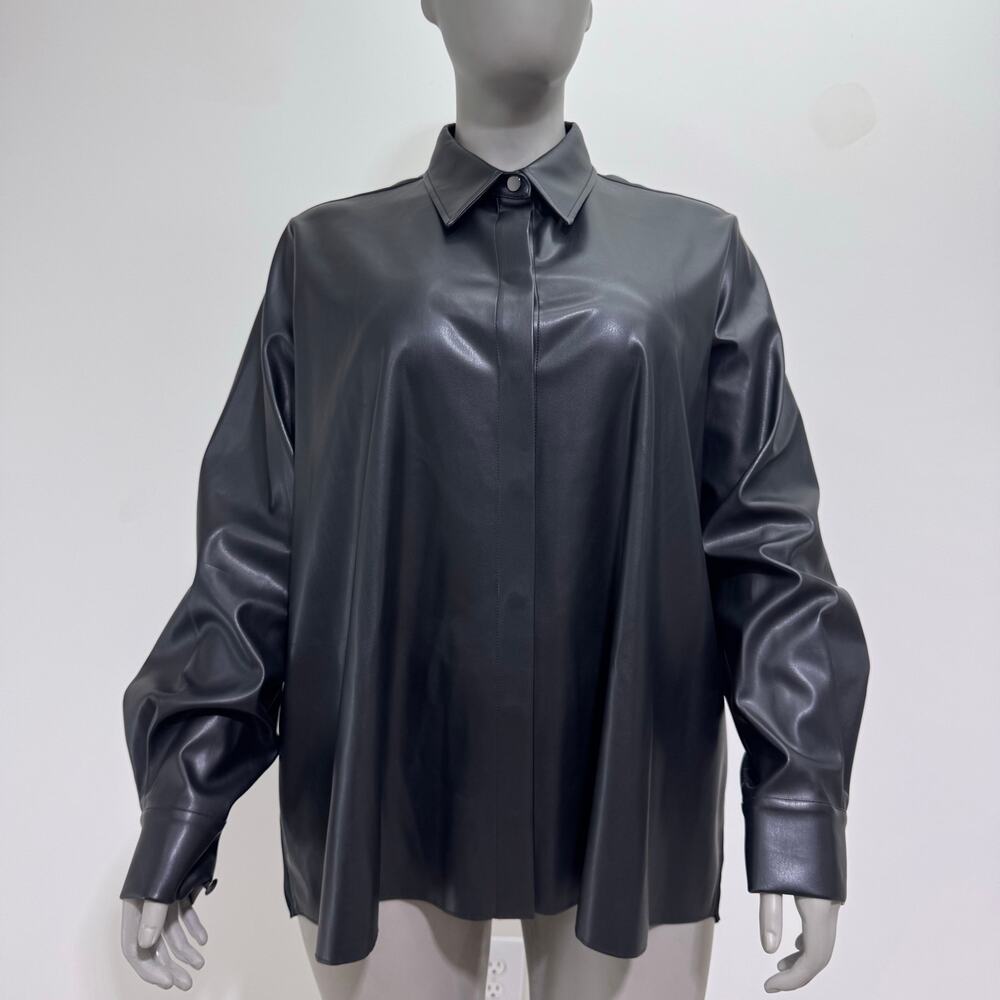 NWT Marina Rinaldi Faux Leather Mixed Media Shirt Pleated Back US 22 Black Mobs
